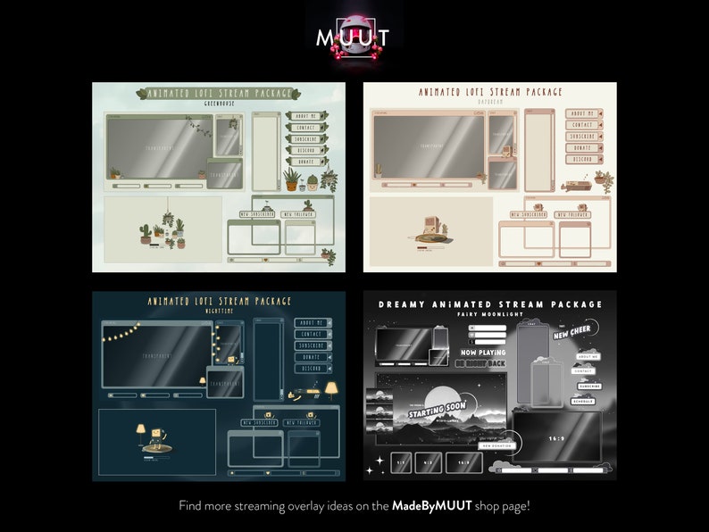 K&ouml;nnte beinhalten: Vier verschiedene animierte Twitch-Stream-Overlays mit verschiedenen Themen. Die Overlays haben ein hellgr&uuml;nes, beiges, dunkelblaues und schwarz-wei&szlig;es Farbschema. Die Overlays enthalten Abschnitte f&uuml;r den Namen des Streamers, den Titel, den Chat und andere Informationen. Die Overlays sind f&uuml;r die Verwendung mit Twitch-Streaming-Software konzipiert.