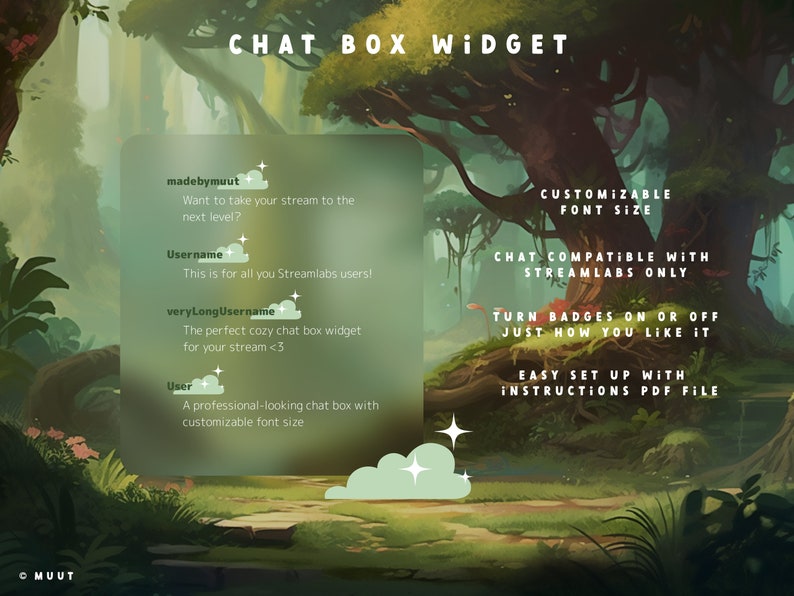 Pode incluir: Uma ilustra&ccedil;&atilde;o digital de um widget de caixa de bate-papo com um fundo de floresta verde. O texto "CHAT BOX WIDGET" est&aacute; no topo da imagem. O widget de caixa de bate-papo tem um tamanho de fonte personaliz&aacute;vel e &eacute; compat&iacute;vel com Streamlabs. O texto "TURN BADGES ON OR OFF JUST HOW YOU LIKE IT" est&aacute; abaixo do widget de caixa de bate-papo. O texto "EASY SET UP WITH INSTRUCTIONS PDF FILE" est&aacute; na parte inferior da imagem.