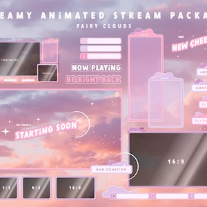 Può includere: Un pacchetto di streaming animato rosa e viola con uno sfondo di cielo da sogno. Il pacchetto include una casella di chat, una notifica di nuovo cheer, uno schermo di riproduzione in corso, uno schermo di inizio a breve, una notifica di nuova donazione e uno schermo 16:9. Il testo "DREAMY ANIMATED STREAM PACKAGE" e "FAIRY CLOUDS" è nella parte superiore dell'immagine.