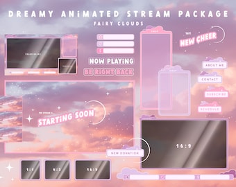Animated Twitch Stream Package: Fairy Clouds, Pink Overlay with Handmade Alerts, Frames, Banners, Panels