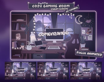 Spanish Animated Cozy Gaming Room Stream Screens - Twitch Overlay en Español