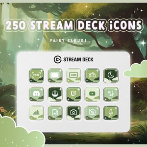 Könnte beinhalten: Ein Satz von 250 grünen und weißen Stream Deck-Symbolen mit einem Feenwolken-Thema. Die Symbole sind in einem Raster angeordnet und zeigen verschiedene Symbole, darunter ein Mikrofon, eine Kamera, eine Wiedergabetaste und eine Aufnahmetaste. Der Text "250 STREAM DECK ICONS" und "FAIRY CLOUDS" wird oben im Bild angezeigt. Der Text "STREAM DECK" wird in einem Kreis oben im Raster angezeigt.