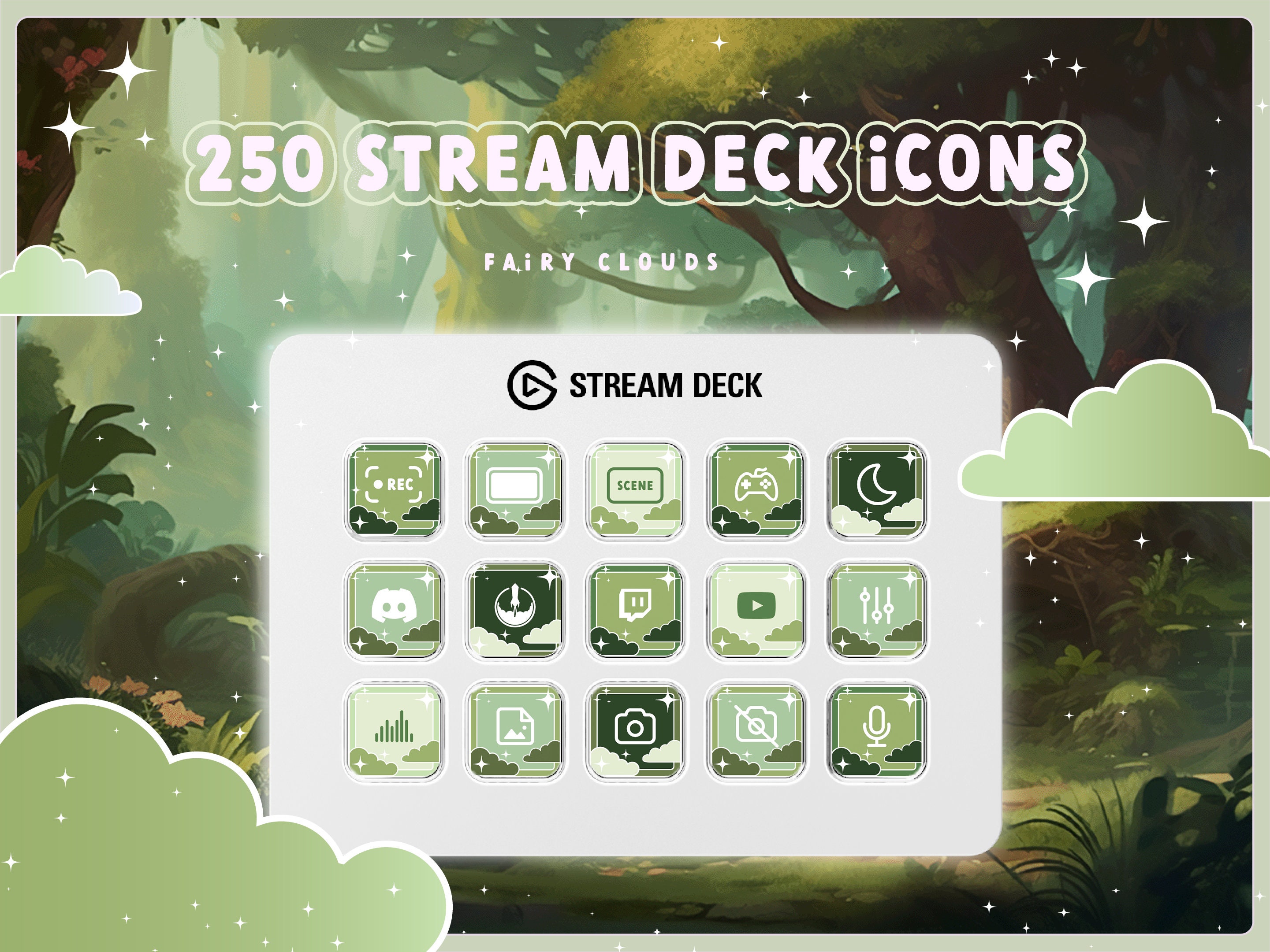 Stream Deck Icons for Cozy Streaming Setup: 250+ Cute Icons in 4 Colors and a Screensaver made for Twitch and Gaming - FAIRY woods theme