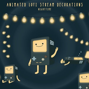 May include: Animated illustration of a retro game console character with a yellow face and black body. The character is standing, sitting, and lying down. The background is a dark blue with string lights. The text "ANIMATED LOFI STREAM DECORATIONS NIGHTTIME" is at the top of the image.