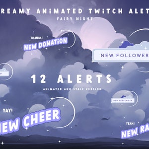 Cozy Purple Twitch Alerts Package: Animated FAIRY nights Alerts Bundle for Cheer, Sub, Donation