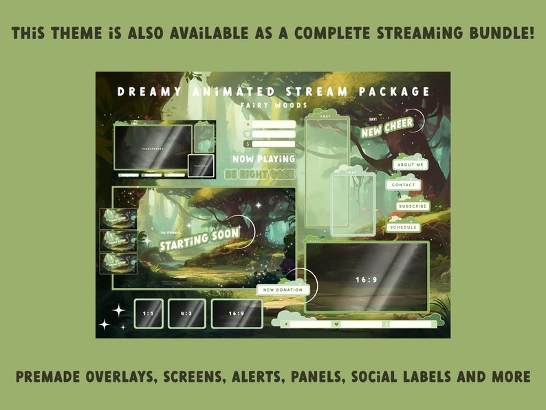 Pode incluir: Uma ilustra&ccedil;&atilde;o digital de uma cena de floresta de sonho com um esquema de cores verde e branco. A imagem inclui texto que diz "Dreamy Animated Stream Package" e "Fairy Woods". A imagem &eacute; dividida em se&ccedil;&otilde;es com diferentes sobreposi&ccedil;&otilde;es, incluindo uma se&ccedil;&atilde;o "Now Playing", uma se&ccedil;&atilde;o "Starting Soon" e uma se&ccedil;&atilde;o "New Cheer". A imagem tamb&eacute;m inclui uma tela com uma propor&ccedil;&atilde;o de aspecto de 16:9.