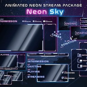 Neon Sky Animated Twitch Stream Package: Full Streaming Bundle with Alerts, Panels, Headlines, Banner