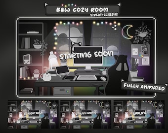 Cozy Animated Stream Screens: Lofi Gaming Room Overlay (Black and White, Rainbow Accents)