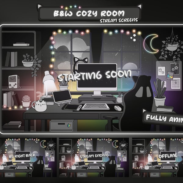 Cozy Animated Stream Screens Package - Cozy Gaming Room Rainbow  - Animated Twitch Overlay Lofi Twitch Overlay Cozy
