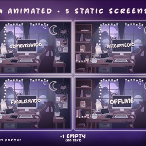 Animated Twitch Stream Overlay Package SPANISH Español: Cute Alerts, Purple Panels, Webcam Overlays, Screens, Offline Banner and Transition image 2