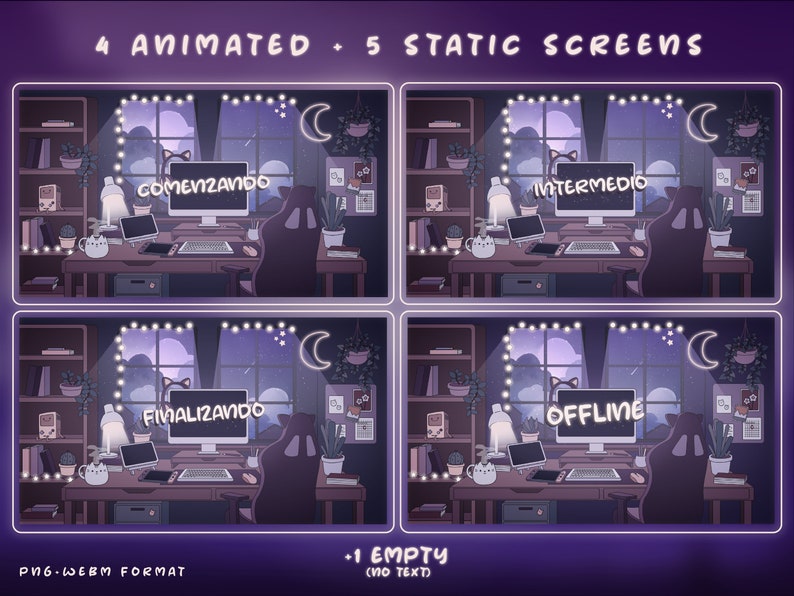 Animated Twitch Stream Overlay Package SPANISH Español: Cute Alerts, Purple Panels, Webcam Overlays, Screens, Offline Banner and Transition image 2