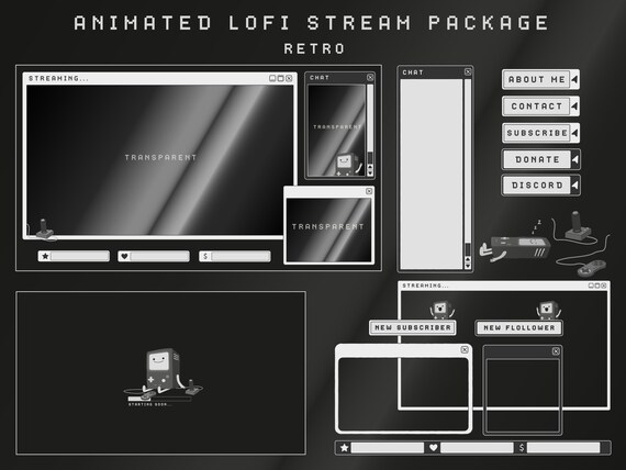 Animated LOFI Retro Stream Package: Cozy Twitch Overlay (Black and White)