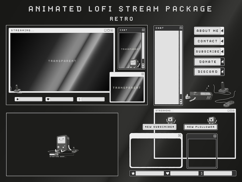 K&ouml;nnte beinhalten: Ein animiertes Stream-Paket im Retro-Stil in Schwarzwei&szlig;. Das Paket enth&auml;lt ein Streaming-Fenster, ein Chat-Fenster, einen &Uuml;ber-mich-Bereich, einen Kontaktbereich, einen Abonnieren-Button, einen Spenden-Button, einen Discord-Button sowie Benachrichtigungen &uuml;ber neue Abonnenten und neue Follower. Das Paket enth&auml;lt au&szlig;erdem eine kleine animierte Figur eines Roboters, der einen Joystick h&auml;lt.