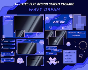 Animated Twitch Stream Package: Purple WAVYdream Overlay with Handmade Banners, Alerts, Panels, Premade Overlays
