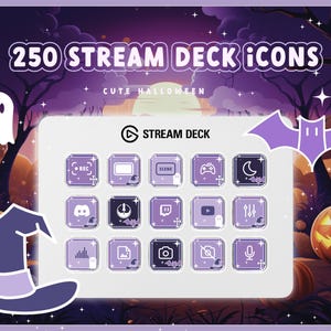 Puede incluir: Un conjunto de 250 iconos de Stream Deck temáticos de Halloween en morado y blanco. Los iconos presentan varios diseños, incluyendo fantasmas, murciélagos y calabazas. El texto "250 STREAM DECK ICONS" y "CUTE HALLOWEEN" se muestra en la parte superior de la imagen. El texto "STREAM DECK" se muestra en un círculo en el centro de la imagen.