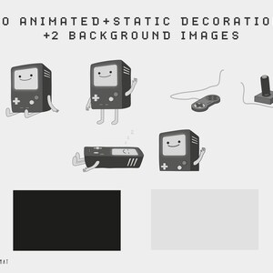 K&ouml;nnte beinhalten: Ein Set mit 10 animierten und statischen Dekorationen und 2 Hintergrundbildern im Retro-Videospiel-Stil. Die Dekorationen beinhalten eine l&auml;chelnde Spielkonsolenfigur in verschiedenen Posen, einen Joystick und einen Gamecontroller. Die Hintergrundbilder sind schwarz und grau.