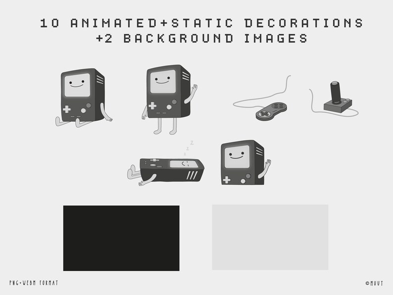 K&ouml;nnte beinhalten: Ein Set mit 10 animierten und statischen Dekorationen und 2 Hintergrundbildern im Retro-Videospiel-Stil. Die Dekorationen beinhalten eine l&auml;chelnde Spielkonsolenfigur in verschiedenen Posen, einen Joystick und einen Gamecontroller. Die Hintergrundbilder sind schwarz und grau.