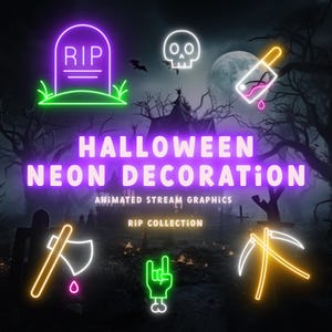 Könnte beinhalten: Ein Satz animierter Neon-Halloween-Grafiken zum Streamen. Die Grafiken beinhalten einen Grabstein mit RIP, einen Schädel, ein Messer, eine Axt, eine Hand mit einem Rock'n'Roll-Zeichen und eine Sense. Die Grafiken befinden sich in einer dunklen, gruseligen Umgebung.