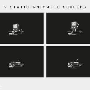 K&ouml;nnte beinhalten: Eine Schwarzwei&szlig;illustration eines Retro-Videospielkonsolencharakters mit einem l&auml;chelnden Gesicht. Der Charakter h&auml;lt einen Joystick und steht auf einer Plattform mit einer Fortschrittsanzeige, auf der "Start bald..." steht.