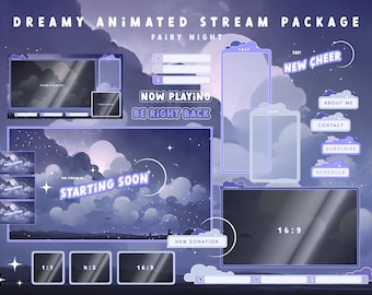 Animated Twitch Stream Package: Fairy Night Purple Theme with Handmade Alerts, Panels, Banner, Headlines