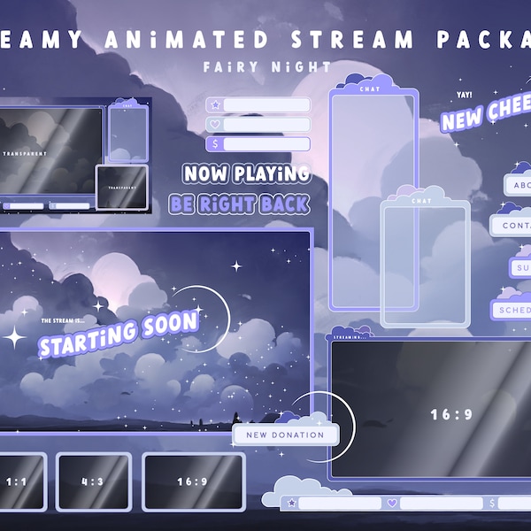 Animated Twitch Stream Package: Fairy Night Purple Theme with Handmade Alerts, Panels, Banner, Headlines