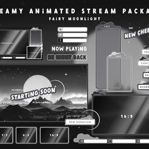 Animated Twitch Stream Package: Cute Alerts, Black and White Panels, Lofi Webcam Overlays, Screens and Offline Banner in FAIRYmoonlight Pack