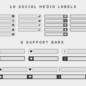 K&ouml;nnte beinhalten: Ein Satz von 18 Social-Media-Symbolen und 8 Support-Balken. Die Symbole umfassen Facebook, Instagram, Twitter, TikTok, Twitch, Snapchat, YouTube und eine Glocke. Die Support-Balken umfassen einen Stern, ein Herz und ein Dollarzeichen.
