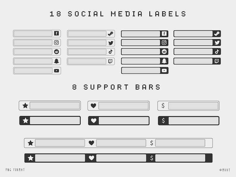 K&ouml;nnte beinhalten: Ein Satz von 18 Social-Media-Symbolen und 8 Support-Balken. Die Symbole umfassen Facebook, Instagram, Twitter, TikTok, Twitch, Snapchat, YouTube und eine Glocke. Die Support-Balken umfassen einen Stern, ein Herz und ein Dollarzeichen.