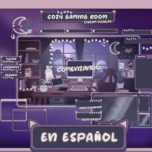 Animated Twitch Stream Overlay Package SPANISH Español: Cute Alerts, Purple Panels, Webcam Overlays, Screens, Offline Banner and Transition image 1