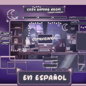 Animated Twitch Stream Overlay Package SPANISH Español: Cute Alerts, Purple Panels, Webcam Overlays, Screens, Offline Banner and Transition