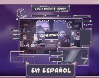 Animated Twitch Stream Overlay Package SPANISH Español: Cute Alerts, Purple Panels, Webcam Overlays, Screens, Offline Banner and Transition