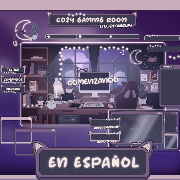 Animated Twitch Stream Overlay Package SPANISH Español: Cute Alerts, Purple Panels, Webcam Overlays, Screens, Offline Banner and Transition