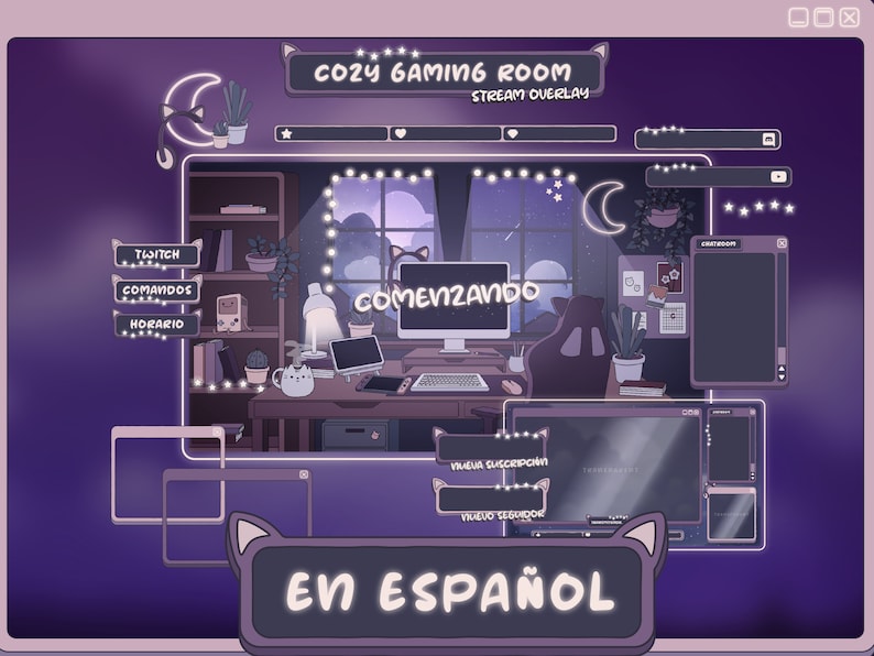 Animated Twitch Stream Overlay Package SPANISH Español: Cute Alerts, Purple Panels, Webcam Overlays, Screens, Offline Banner and Transition image 1