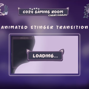 Könnte beinhalten: Animierte Stinger-Transition für Twitch- oder YouTube-Streams mit einem violetten Hintergrund, einem schwarzen Rahmen und einem Ladebildschirm mit Katzenohren. Der Text "Cozy Gaming Room" wird in einem Banner über dem Rahmen angezeigt.