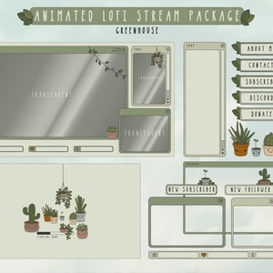 Animated Twitch Stream Package: Cute Plant Alerts, Cozy Green Panels, Webcam Overlay, Screens + Offline Banner in the LOFI greenhouse Bundle
