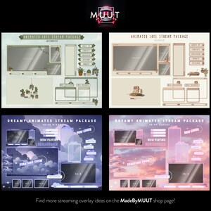 Pode incluir: Quatro overlays de stream Twitch animadas com temas diferentes. O overlay superior esquerdo &eacute; um pacote de stream lofi animado verde e marrom. O overlay superior direito &eacute; um pacote de stream lofi animado bege e marrom. O overlay inferior esquerdo &eacute; um pacote de stream de sonho animado roxo e azul com um c&eacute;u noturno estrelado. O overlay inferior direito &eacute; um pacote de stream de sonho animado rosa e roxo com um c&eacute;u de p&ocirc;r do sol rosa. Todos os overlays incluem elementos animados e texto como "New Cheer", "Now Playing" e "Starting Soon".