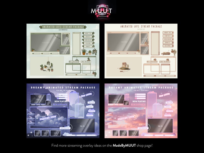 Pode incluir: Quatro overlays de stream Twitch animadas com temas diferentes. O overlay superior esquerdo &eacute; um pacote de stream lofi animado verde e marrom. O overlay superior direito &eacute; um pacote de stream lofi animado bege e marrom. O overlay inferior esquerdo &eacute; um pacote de stream de sonho animado roxo e azul com um c&eacute;u noturno estrelado. O overlay inferior direito &eacute; um pacote de stream de sonho animado rosa e roxo com um c&eacute;u de p&ocirc;r do sol rosa. Todos os overlays incluem elementos animados e texto como "New Cheer", "Now Playing" e "Starting Soon".