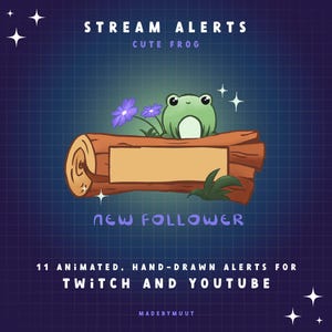 Könnte beinhalten: Animierte Grafik für Twitch- und YouTube-Stream-Benachrichtigungen. Es zeigt einen niedlichen grünen Frosch auf einem Baumstamm mit lila Blumen. Der Text enthält "Stream Alerts", "Cute Frog" und "New Follower".