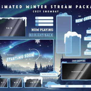 Animated Winter Twitch Stream Package: Cozy Snowday Overlays with Aurora (Northern Lights)