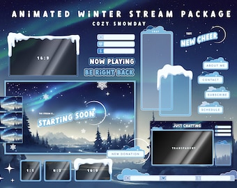 Animated Winter Twitch Stream Package: Cute Alerts, Blue Panels, Snow Webcam Overlays, Screens, Offline Banner - Cozy Snowday Christmas Pack