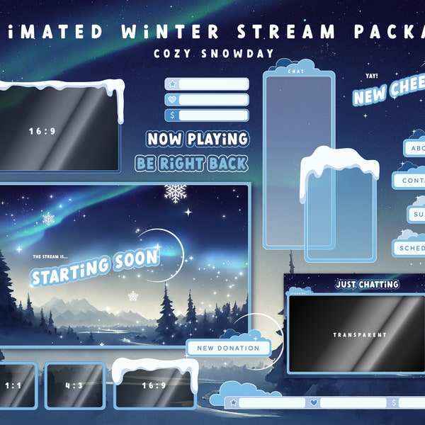 Animiertes Winter Twitch Stream Package: Cute Alerts, Blue Panels, Snow Webcam Overlays, Screens und Offline Banner in einer Christmas Theme