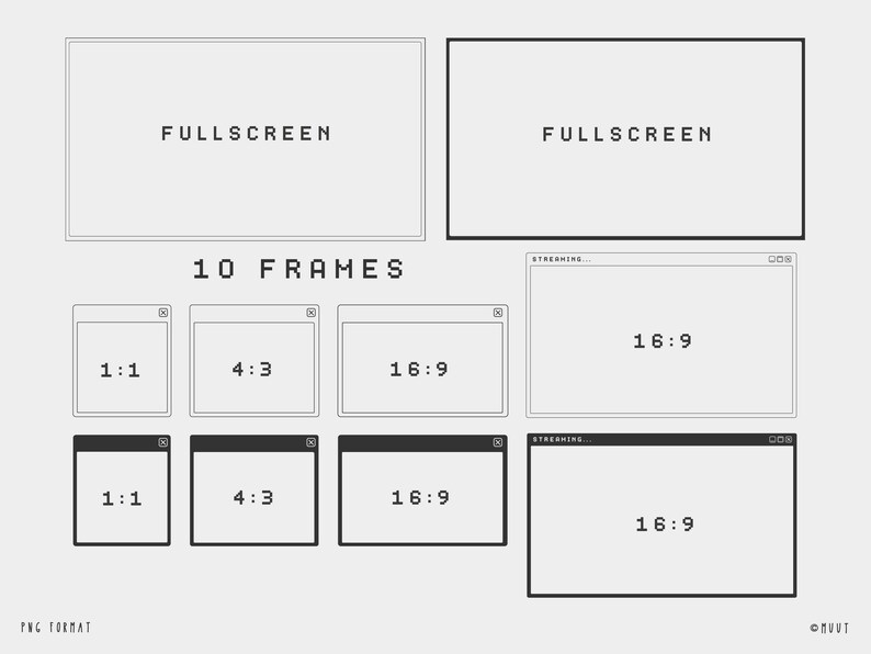 K&ouml;nnte beinhalten: Ein Diagramm, das 10 verschiedene Videobilder zeigt, darunter Vollbild, 1:1, 4:3 und 16:9. Der Text "FULLSCREEN" erscheint zweimal, und der Text "10 FRAMES" erscheint einmal.