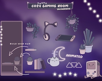 Cozy Animated Twitch Stream Overlay: Modular Gaming Room Decor (Cat Mug, Switch, Plant, Books)