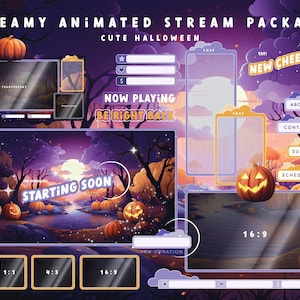 Animated Halloween Twitch Stream Package: Alerts, Cozy Panels, Lofi Webcam Overlays, Screens and Offline Banner in the CUTE pumpkin Bundle