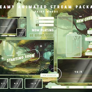 Animated Twitch Stream Package: Cute Alerts, Cozy Green Panels, Webcam Overlays, Screens and Offline Banner in the FAIRY woods Nature Bundle