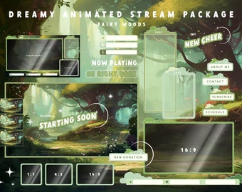 Animated Twitch Stream Package: Cute Alerts, Cozy Green Panels, Webcam Overlays, Screens and Offline Banner in the FAIRY woods Nature Bundle