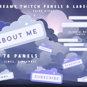 Cozy LOFI Twitch Panels and Social Media Labels Pack - FAIRY night - Twitch Overlay Lofi - Twitch Overlay Celestial