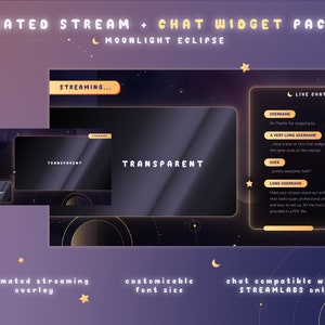 Animiertes Twitch Stream Package mit Chat Widget: Celestial Panels, Webcam Overlays, Screens und Offline Banner im MOONLIGHT eclipse Pack