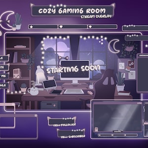 Animated Twitch Stream Overlay Package COZY Gaming Room: Cute Alerts, Purple Panels, Webcam Overlays, Screens, Offline Banner and Transition