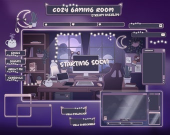 Animated Twitch Stream Overlay Package COZY Gaming Room: Cute Alerts, Purple Panels, Webcam Overlays, Screens, Offline Banner and Transition